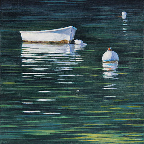 Will Kefauver oil painting, "Boats, Floats on Green"