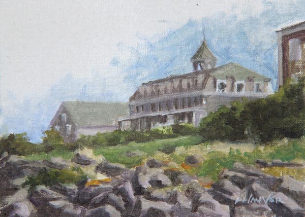 Will Kefauver oil painting, "The Lawn at the Island Inn", Monhegan Island, Maine