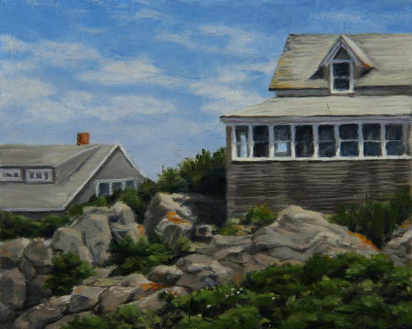 Will Kefauver oil painting, "Cottage on the Rocks", Monhegan Island, Maine