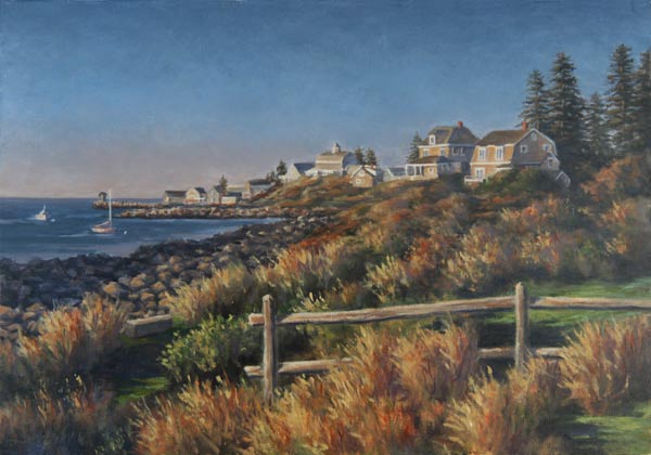 Will Kefauver oil painting, "Mohegan Harbor View"