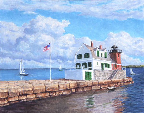 Will Kefauver oil painting, "Rockland Breakwater Light"