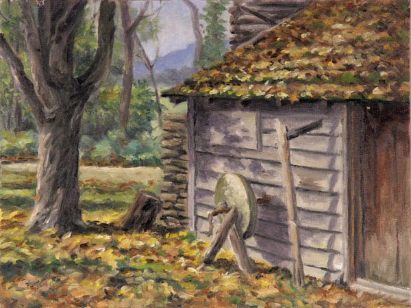 Will Kefauver oil painting, "Shed with Grinding Wheel"