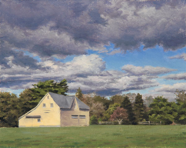 Will Kefauver oil painting, "Yellow Barn in a Field"
